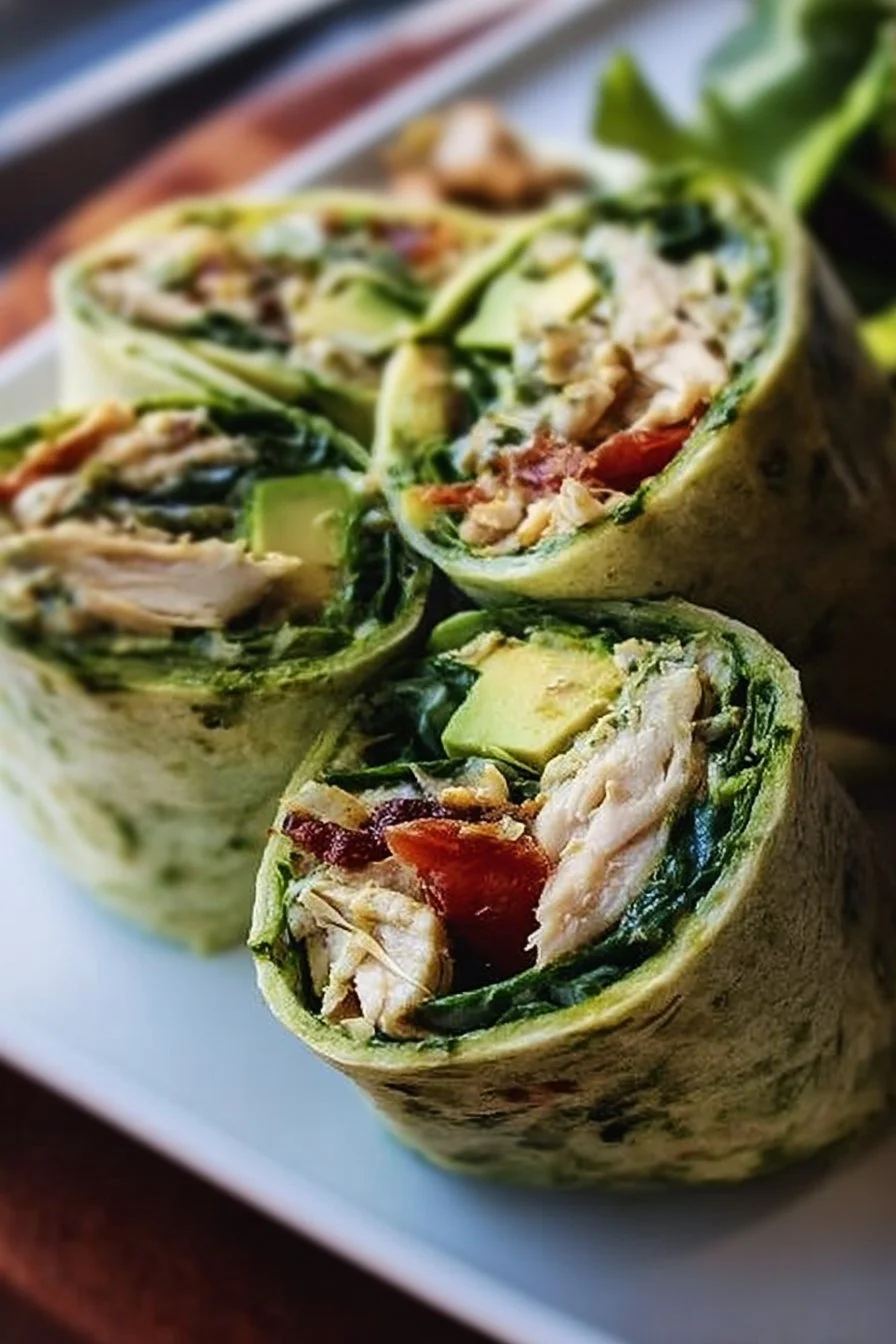 Pesto Chicken Avocado Salad Wraps 2 Pesto chicken salad avocado wraps plated with fresh ingredients