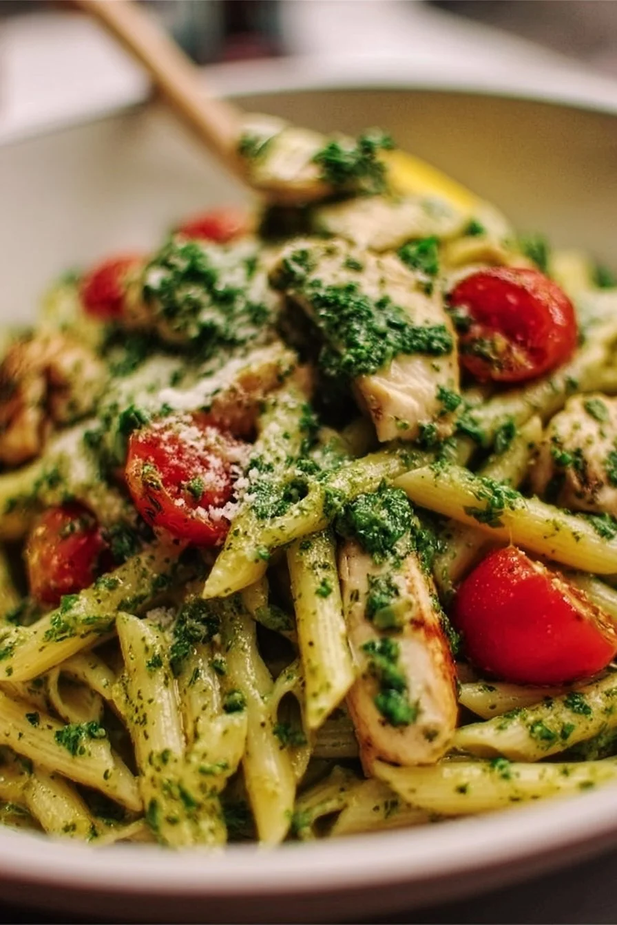 Pesto Chicken Pasta 2 Delicious Pesto Chicken Pasta served with colorful vegetables on a plate.