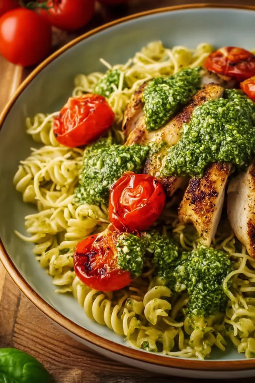 Pesto chicken pasta with oven-roasted tomatoes served on a plate