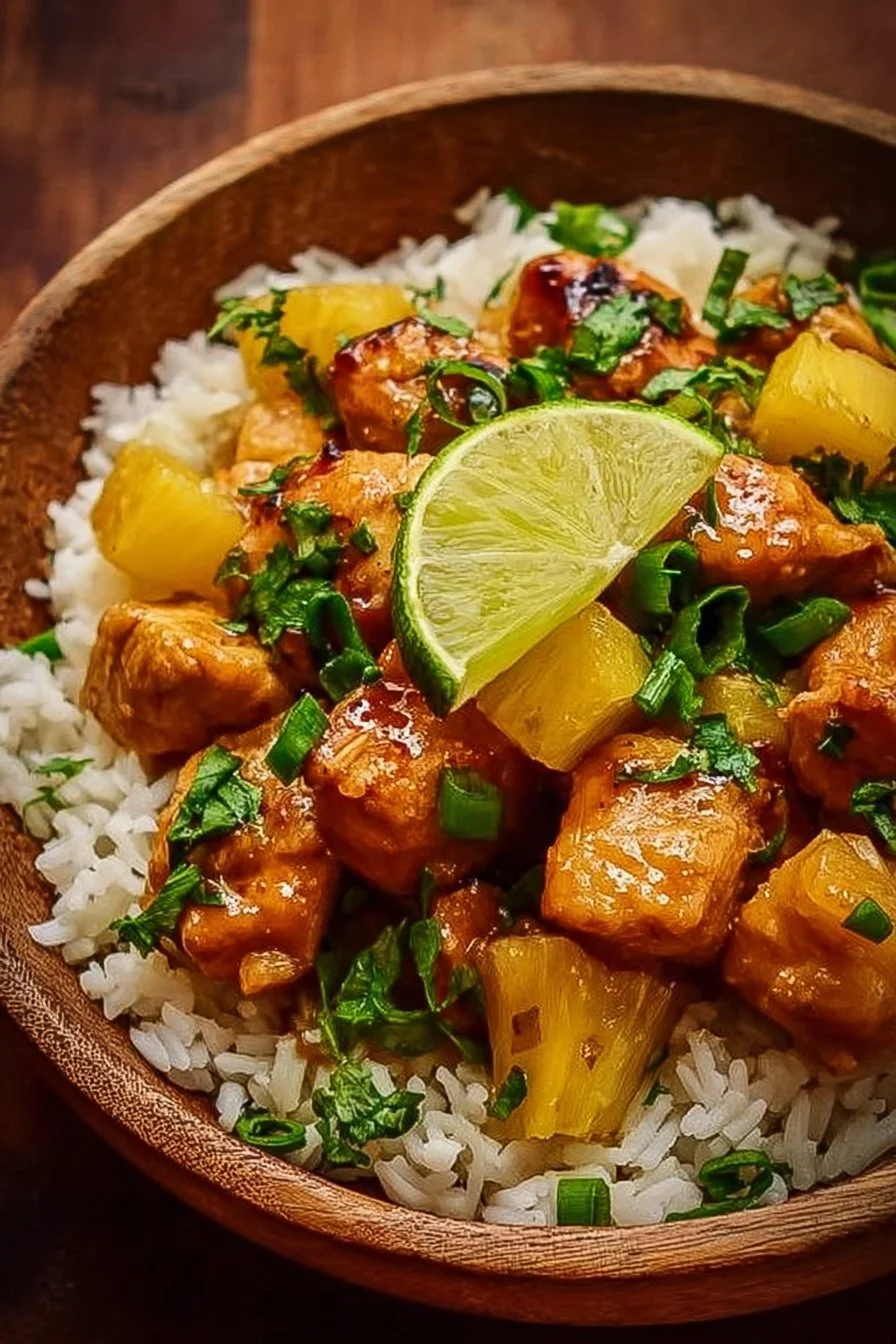 Delicious pineapple chicken served over rice with vibrant vegetables.