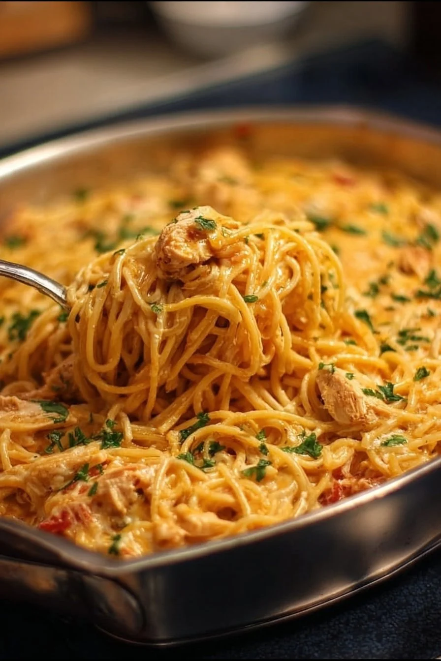 Pioneer Woman Chicken Spaghetti 2 Pioneer Woman Chicken Spaghetti served in a bowl with fresh herbs