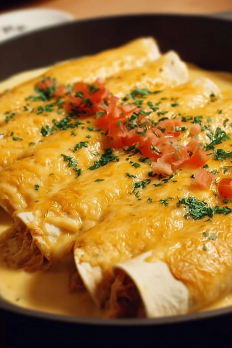 Queso Chicken Enchiladas for a Quick and Cheesy Dinner Delight 3 Creamy queso chicken enchiladas served on a plate with a side of garnishes.