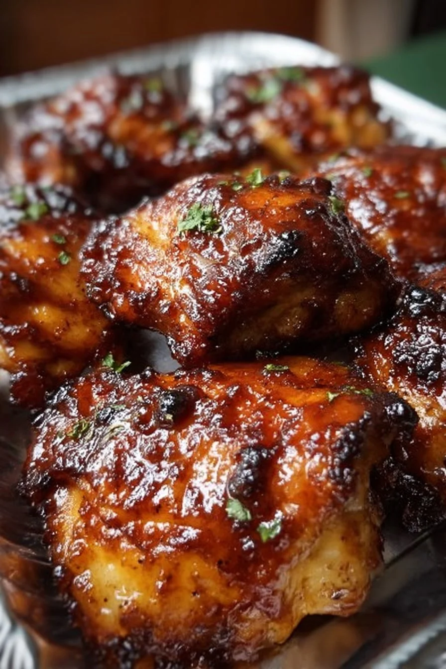 Quick BBQ chicken thighs on the grill, marinated in a savory sauce.