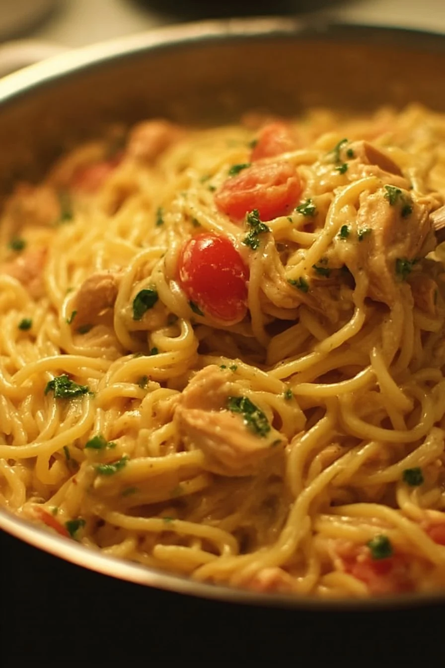 Quick One-Pot Chicken Spaghetti 3 One-pot chicken spaghetti dish with vibrant vegetables and pasta.