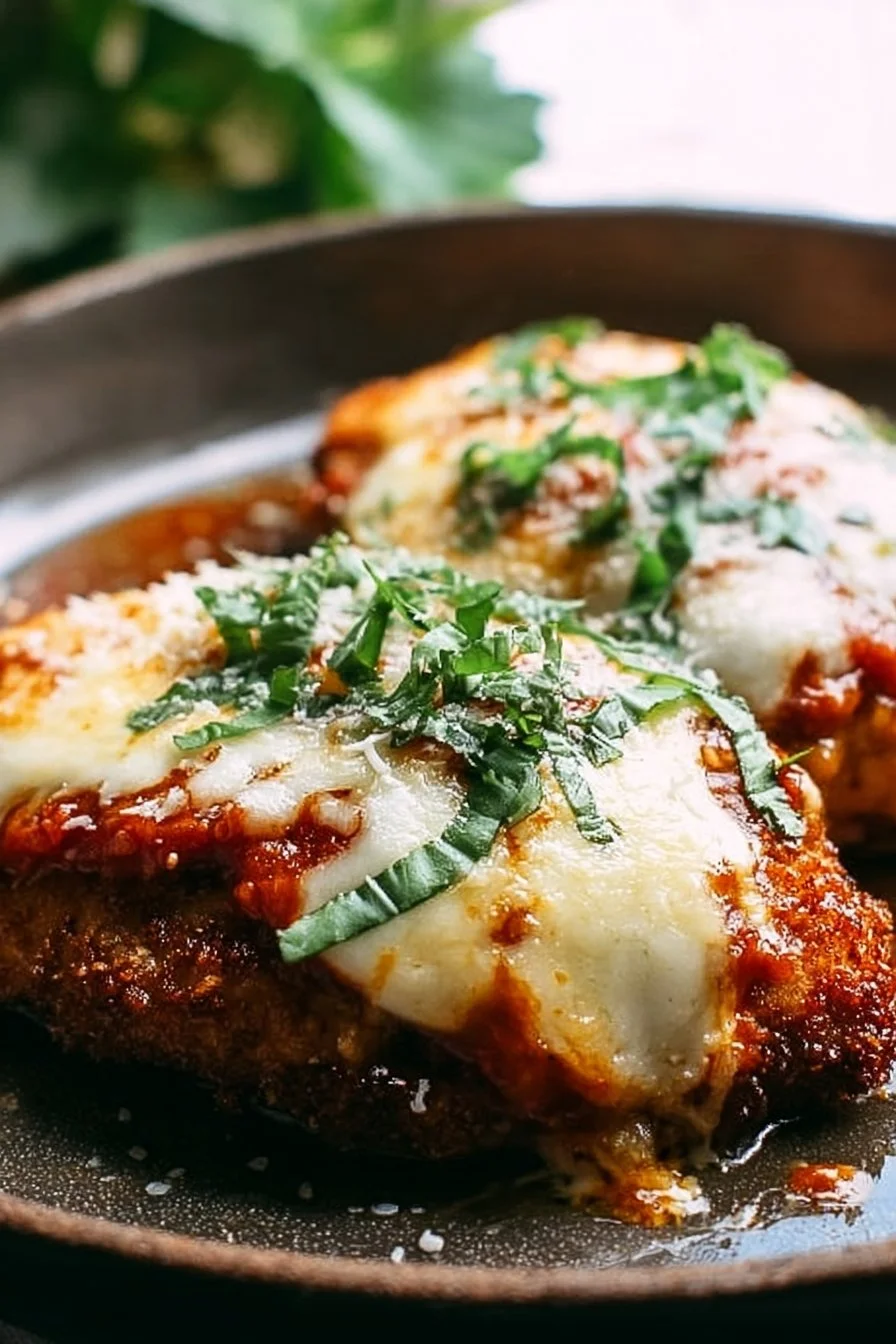Delicious homemade chicken parmesan served with pasta and fresh basil