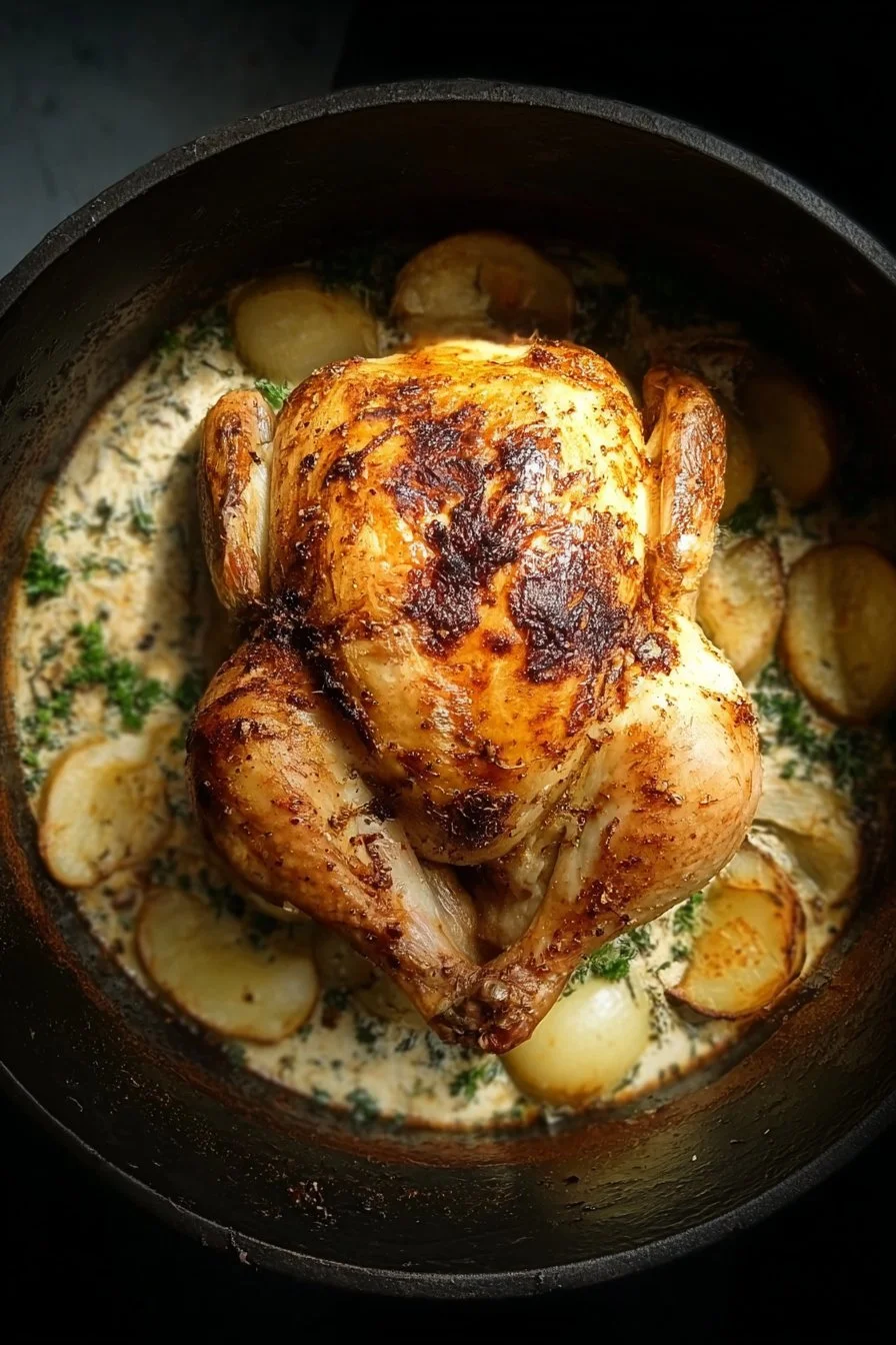 Golden brown roast chicken cooked in a Dutch oven with herbs