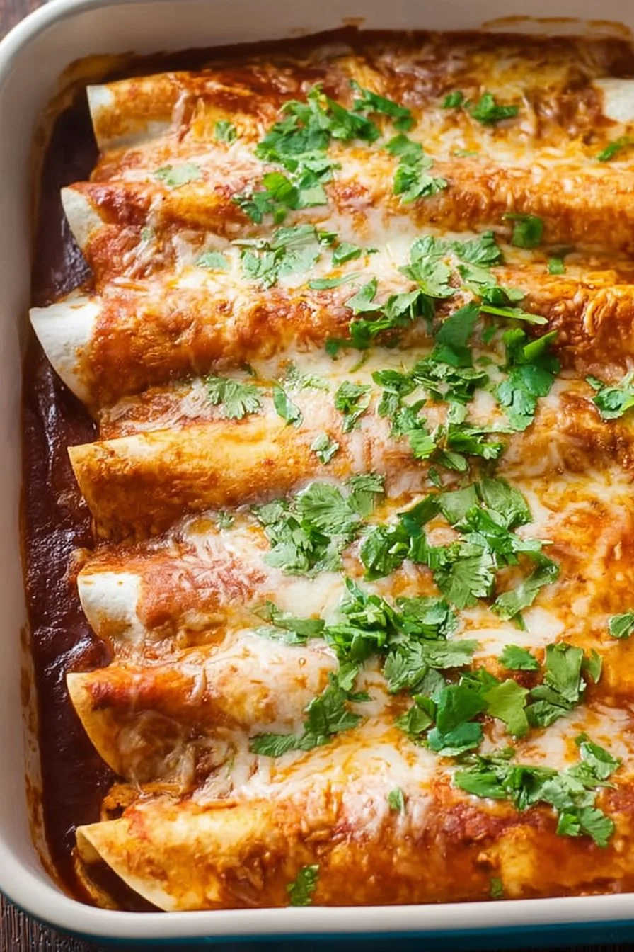 Rotisserie chicken enchiladas topped with melted cheese and fresh ingredients