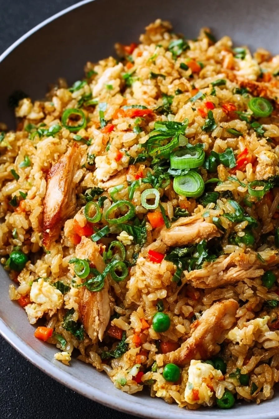 Rotisserie chicken fried rice served in a bowl with vegetables