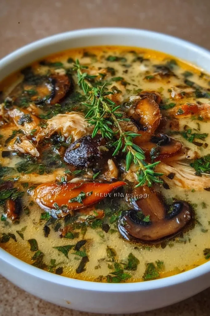 Bowl of rotisserie chicken mushroom soup with herbs and vegetables
