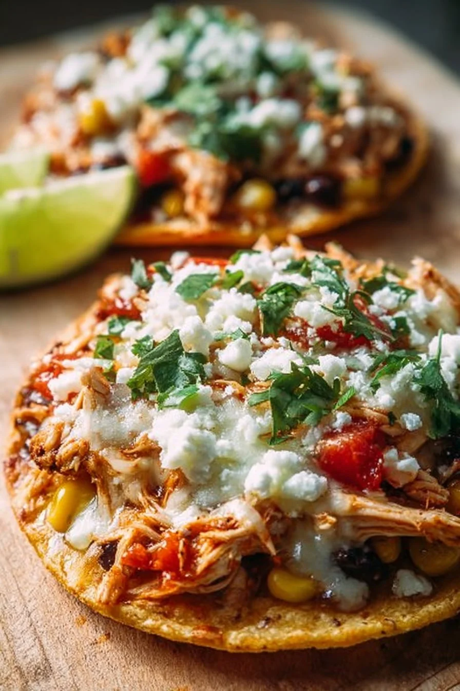 Delicious rotisserie chicken tostadas topped with fresh ingredients
