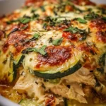 Delicious rotisserie chicken and zucchini casserole in a baking dish