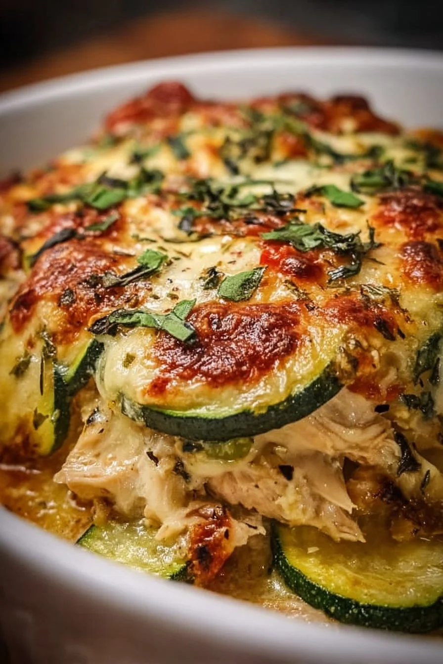 Delicious rotisserie chicken and zucchini casserole in a baking dish