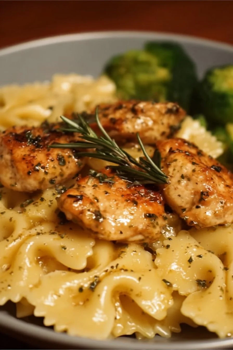 Savor the Flavor of Cowboy Butter Lemon Bowtie Chicken Today! 3 Delicious butter lemon bowtie chicken garnished with fresh herbs and lemon slices