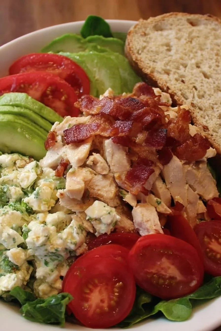 Savory BLT Chicken Salad with chicken, bacon, lettuce, and tomatoes
