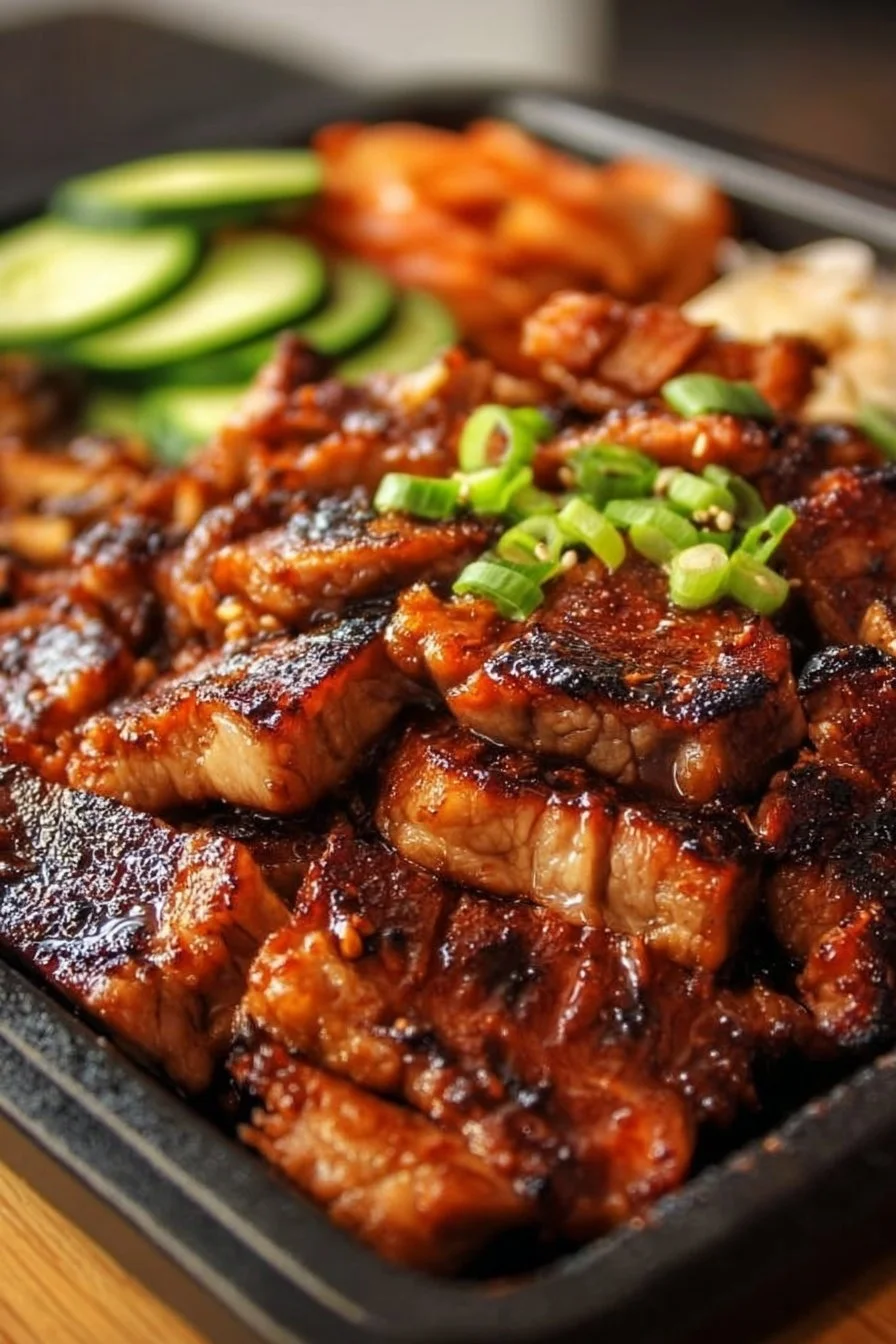 Delicious Korean BBQ dishes served on a grill with fresh ingredients.