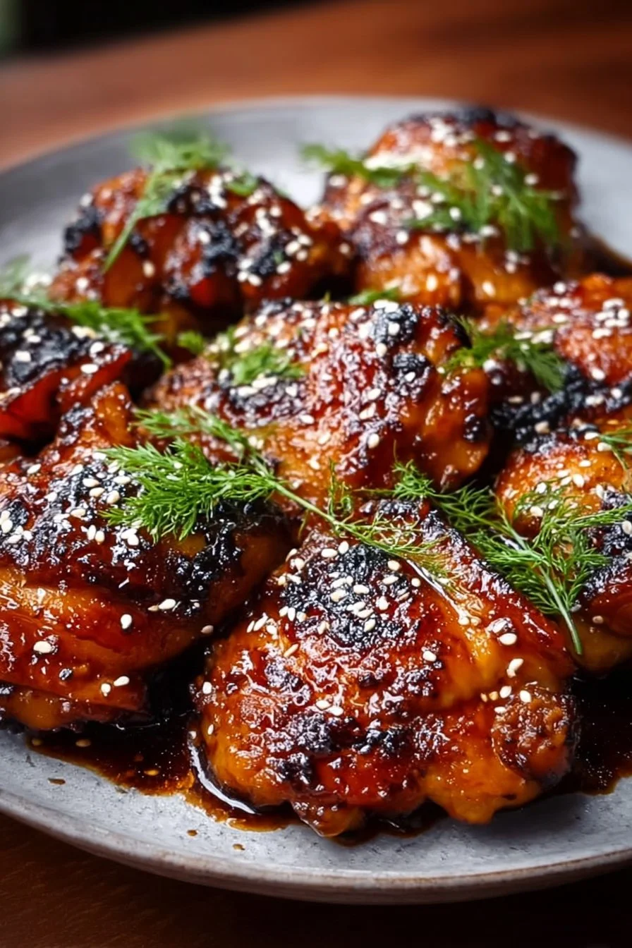 Savory teriyaki chicken thighs cooked in the oven, glazed with sticky sauce