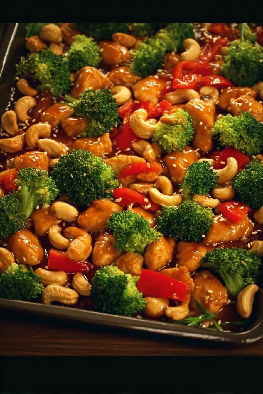 Sheet Pan Cashew Chicken recipe featuring tender chicken and crunchy cashews