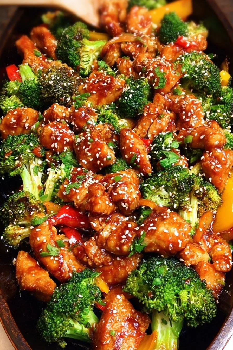Sheet pan teriyaki chicken with ginger, sesame, and broccoli on a serving plate.