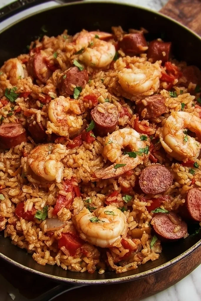 Delicious Shrimp and Sausage Jambalaya served in a bowl with fresh herbs