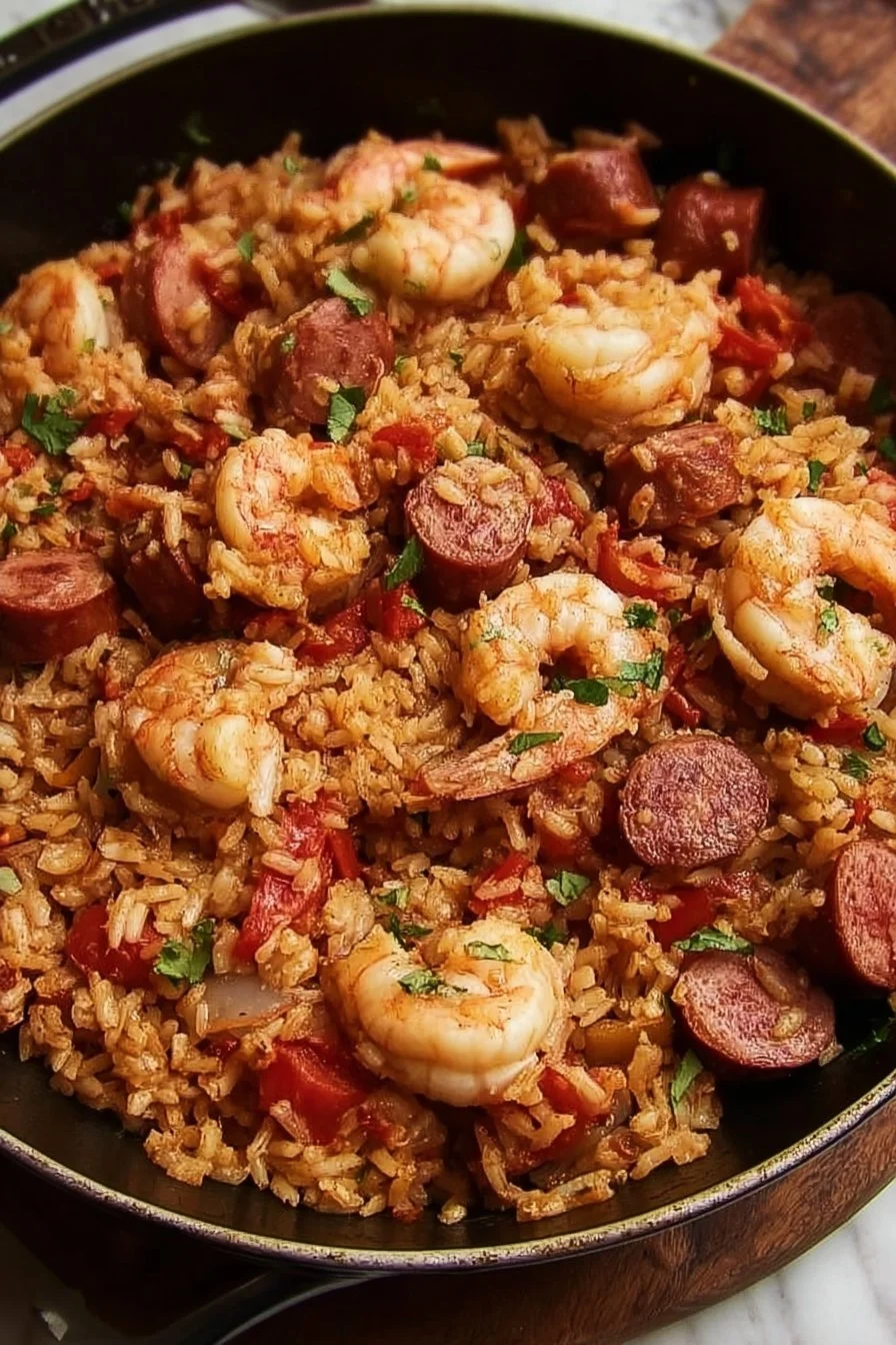 Delicious Shrimp and Sausage Jambalaya served in a bowl with fresh herbs