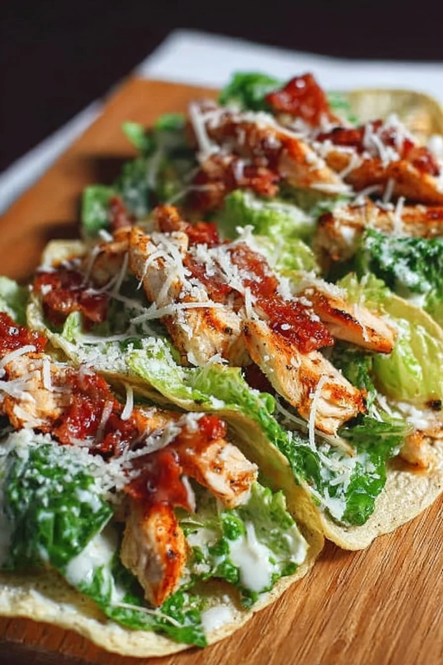 Smash Chicken Caesar Tacos 3 Delicious Smash Chicken Caesar Tacos served in soft tortillas with Caesar dressing