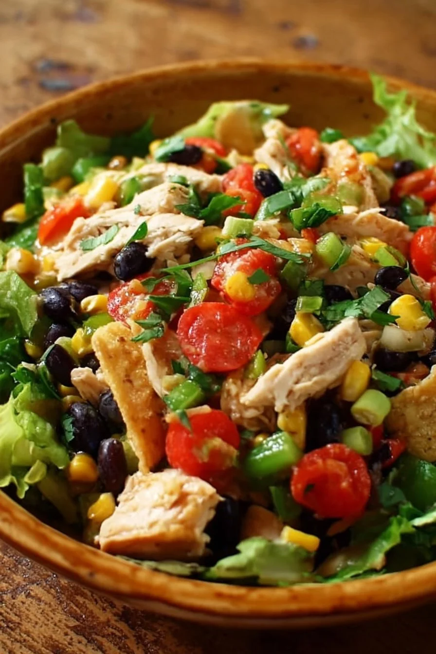 A colorful Southwest Chicken Salad with grilled chicken, black beans, corn, and avocado.