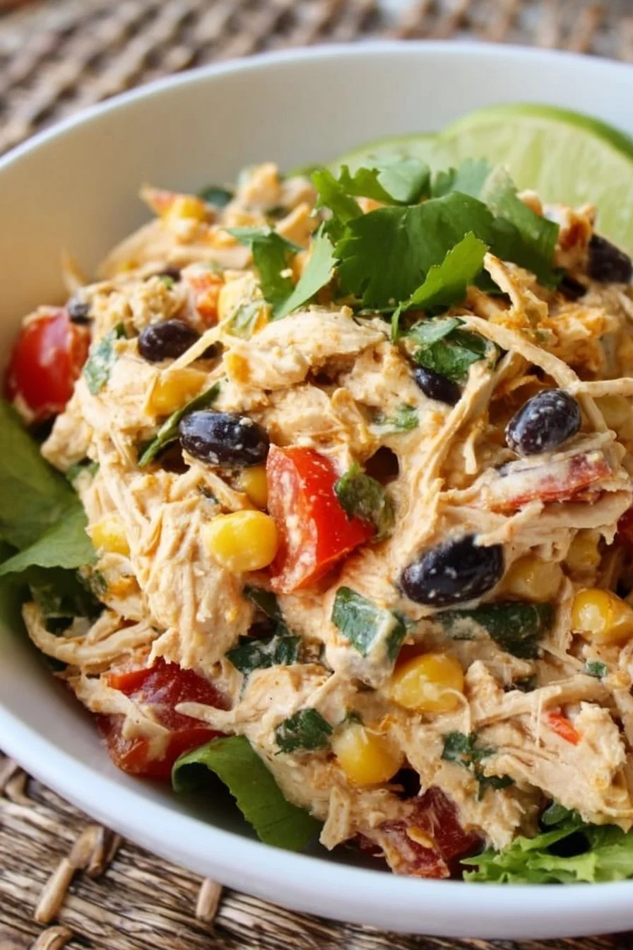 Bowl of Southwest Shredded Chicken Salad with vegetables and dressing