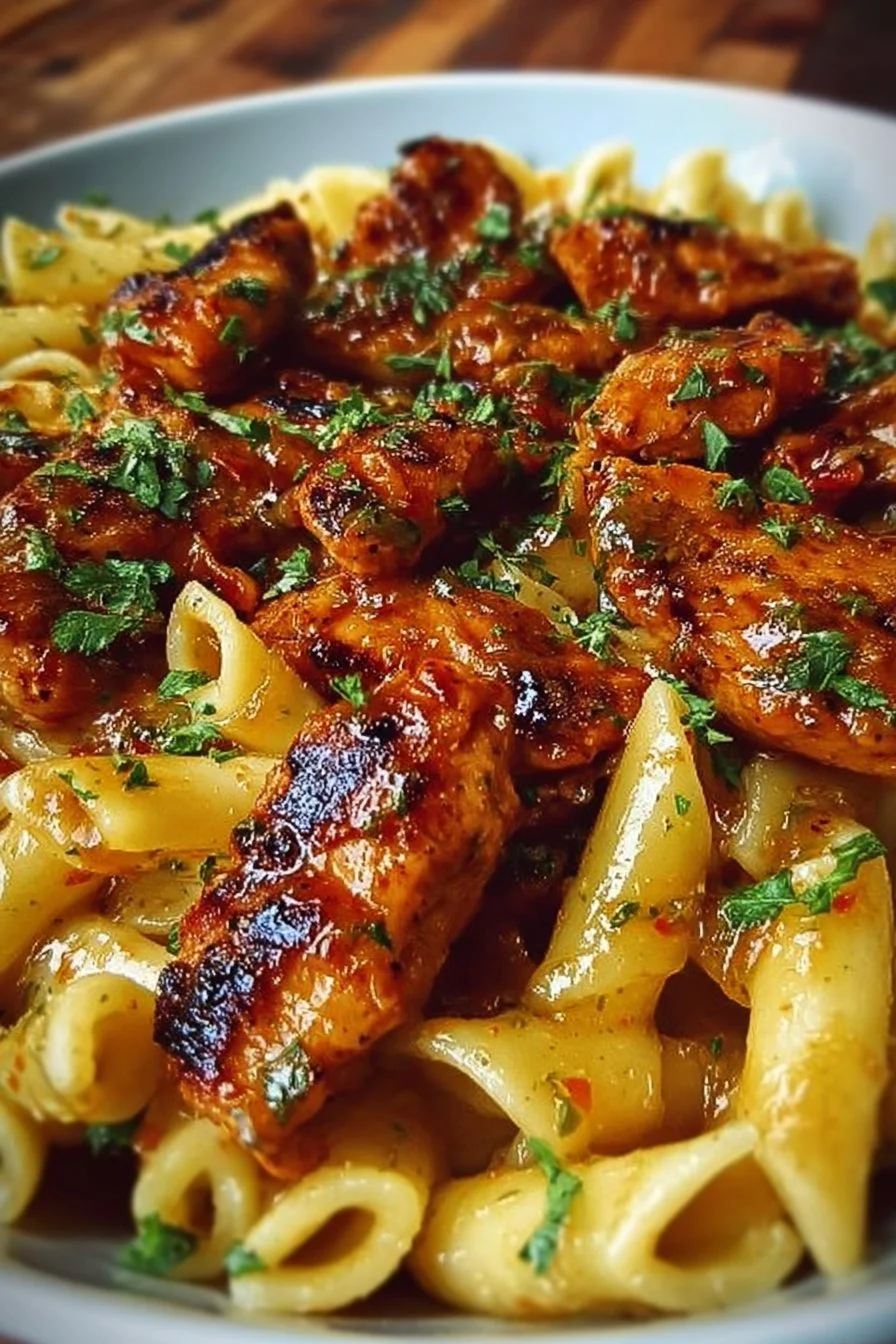 Spicy Cajun honey butter chicken pasta with herbs and spices