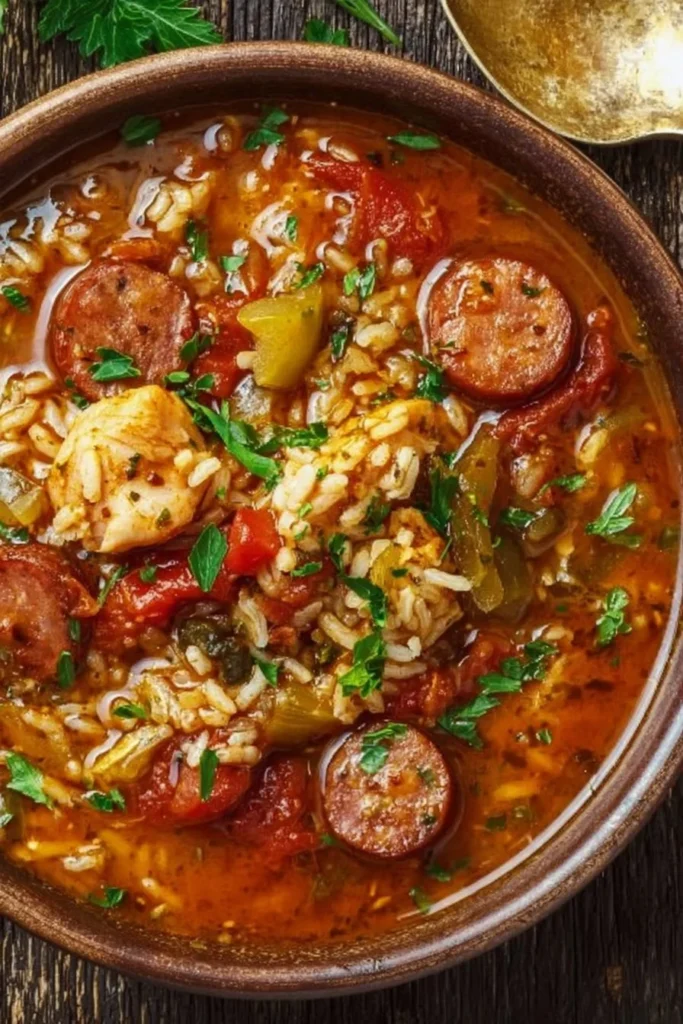 Spicy Jambalaya Soup with Andouille Sausage and Chicken in a bowl