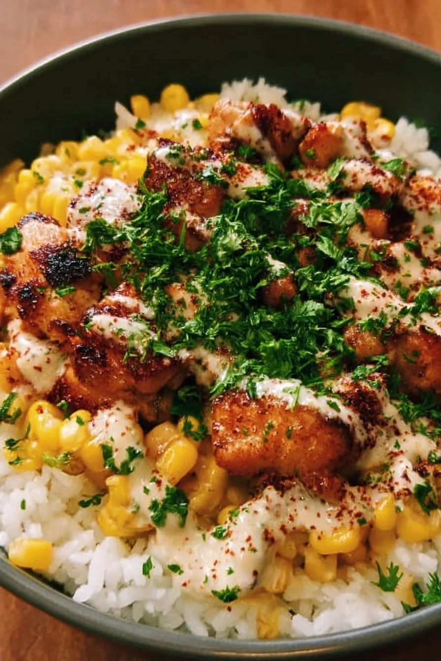 Delicious Street Corn Chicken Rice Bowl featuring chicken, corn, and rice.