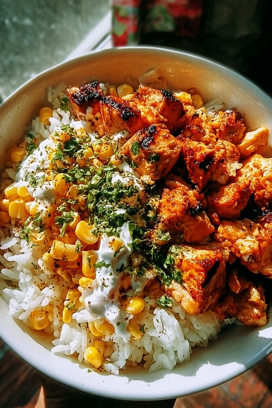 Delicious street corn chicken rice bowl with grilled chicken and fresh corn
