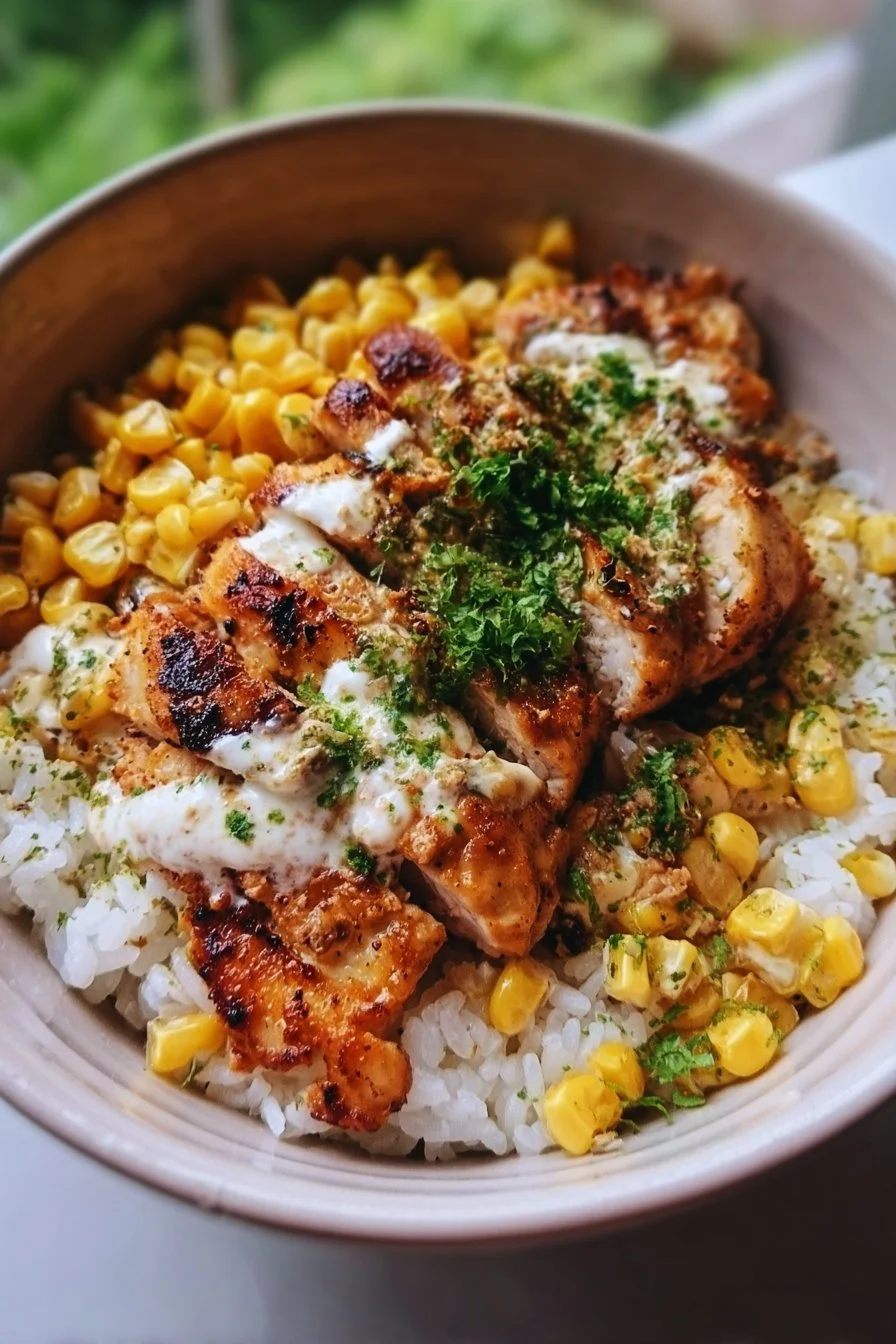 Delicious Street Corn Chicken Rice Bowl topped with fresh ingredients and spices.