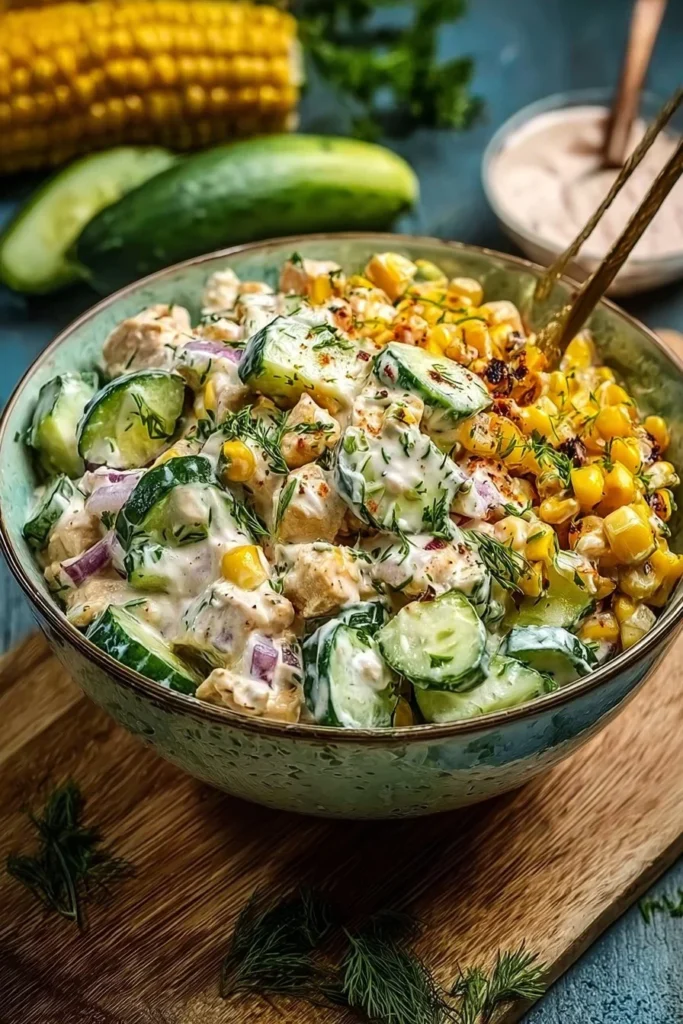 Creamy Street Corn Cucumber Chicken Salad served in a bowl, garnished with fresh herbs.