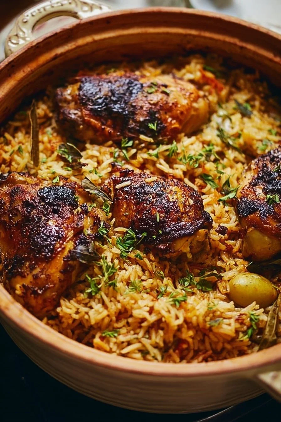 Delicious Dutch oven chicken with rice served in a rustic setting.