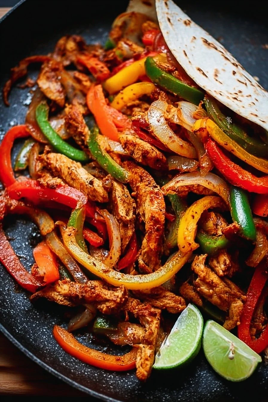 Delicious easy chicken fajitas served with colorful bell peppers and onions