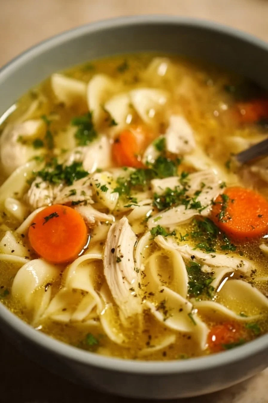 A bowl of comforting chicken noodle soup with fresh ingredients