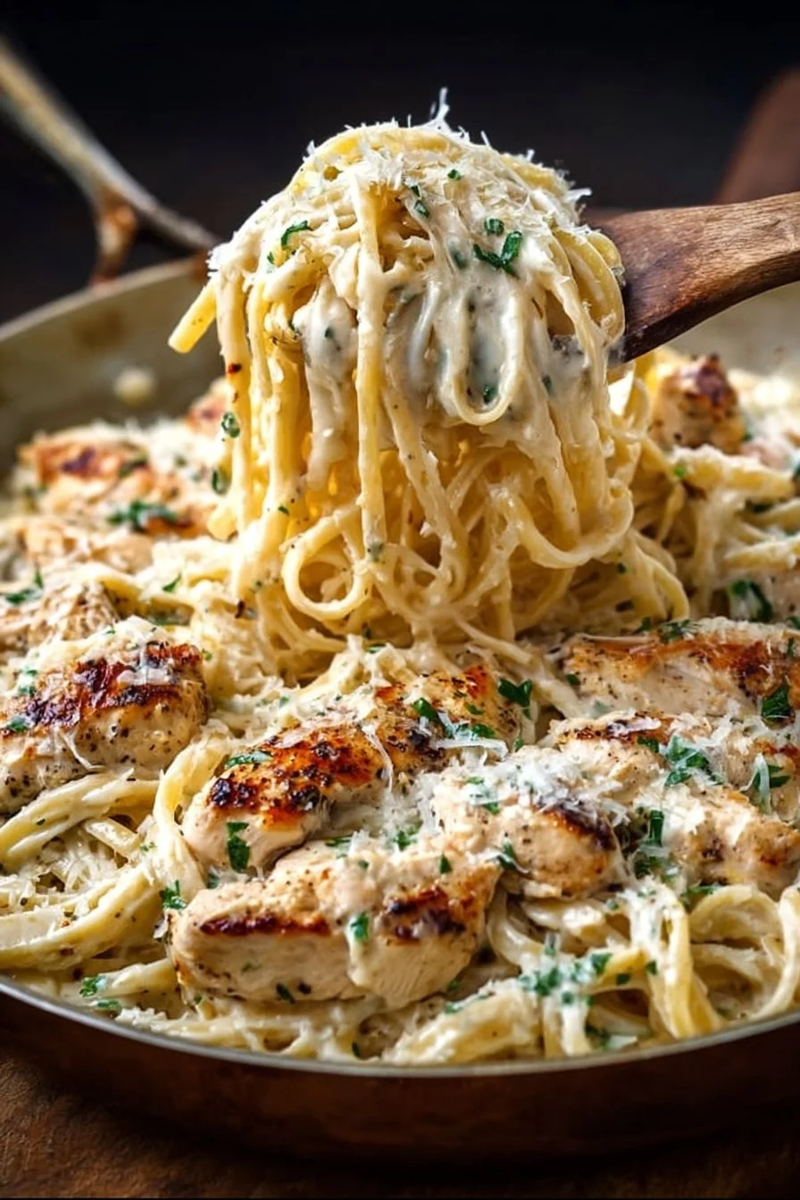 Creamy garlic parmesan chicken pasta served with garlic bread and parsley garnish