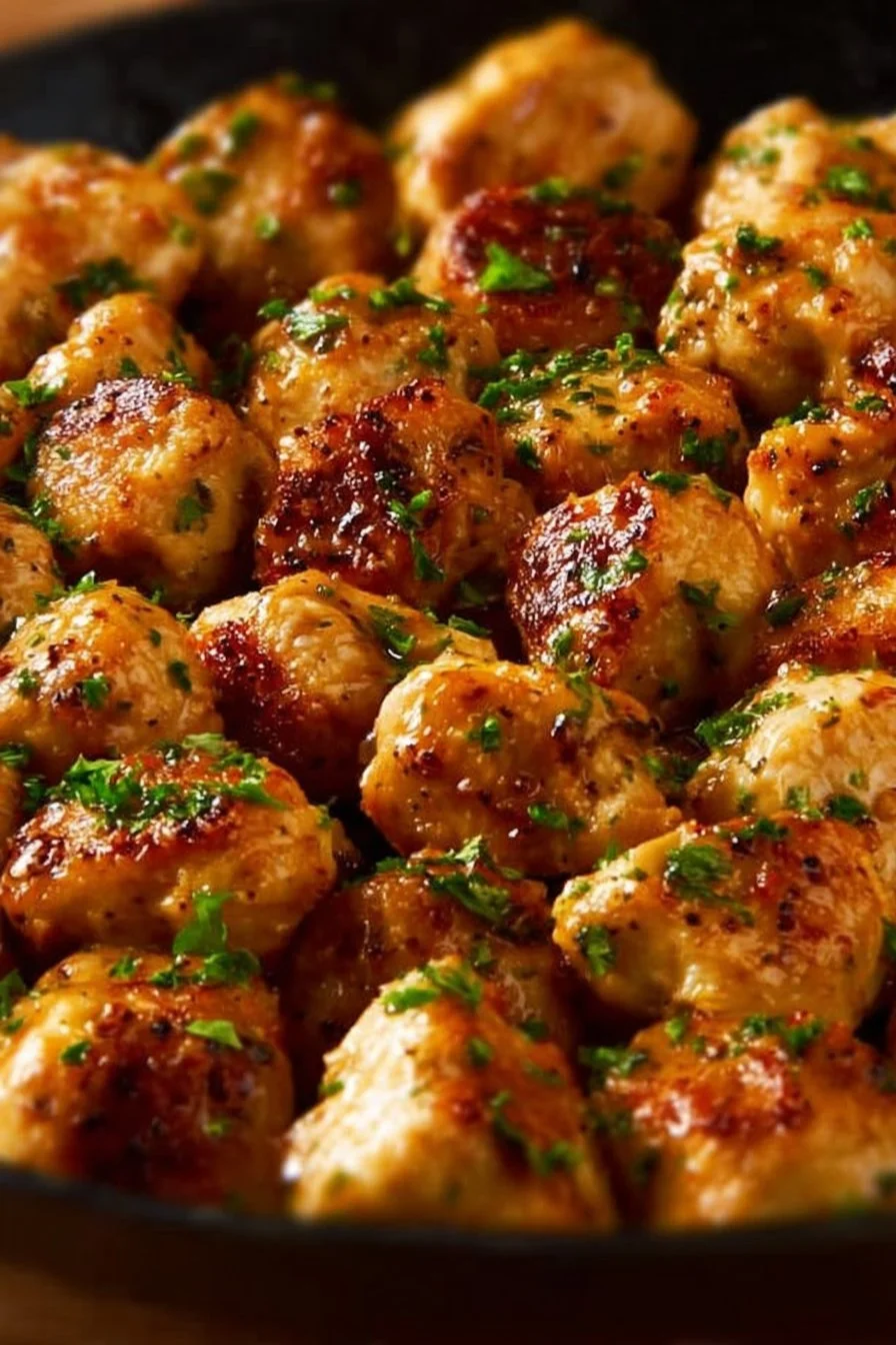 Succulent seasoned chicken breast morsels seared to perfection on a plate.