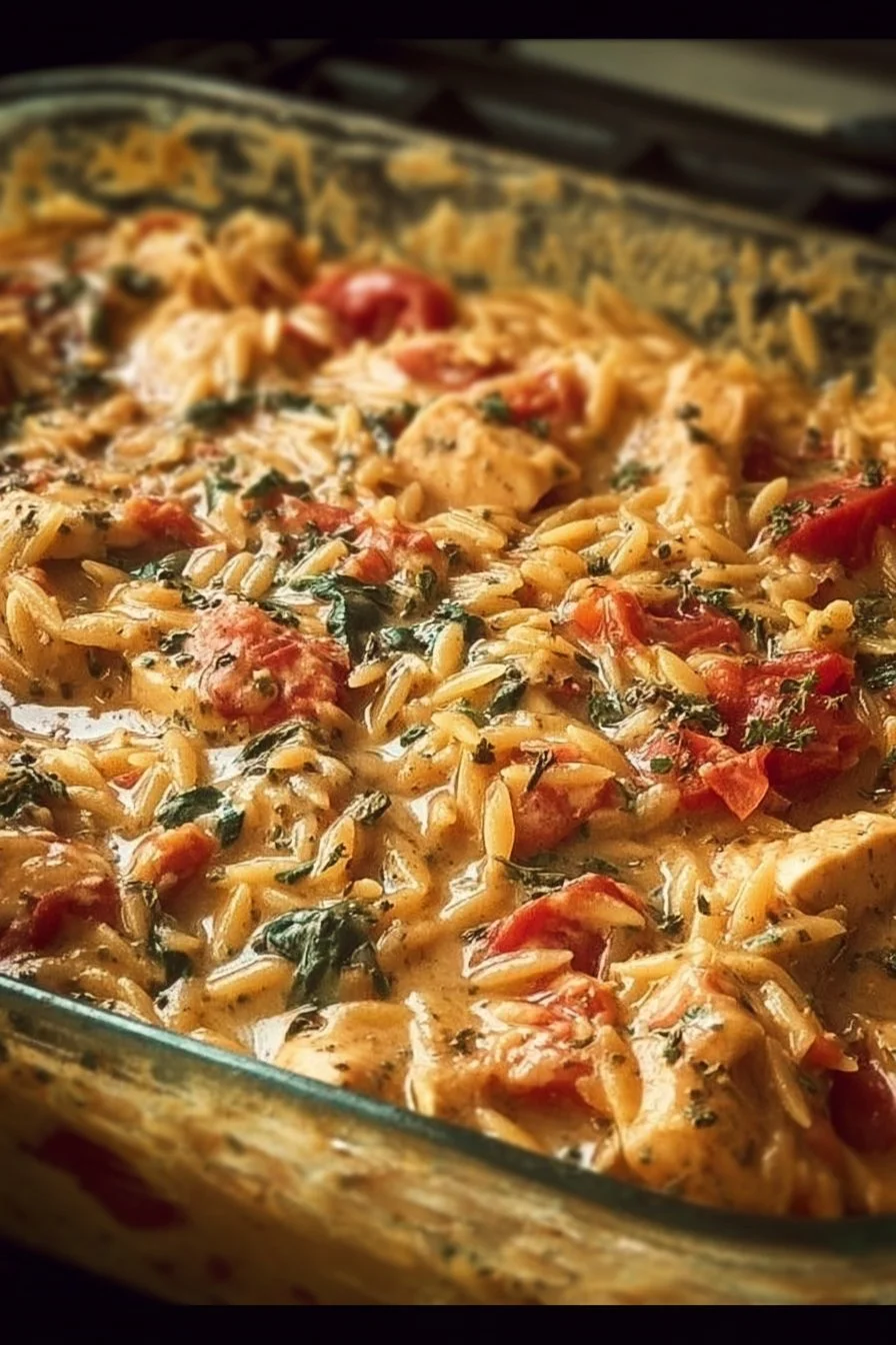 Tuscan Chicken Orzo Bake topped with herbs and cheese in a baking dish
