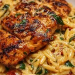 Delicious Tuscan Chicken served with creamy Parmesan Orzo in a vibrant dish