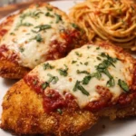 Crispy Parmesan Crusted Chicken served with marinara sauce and cheese