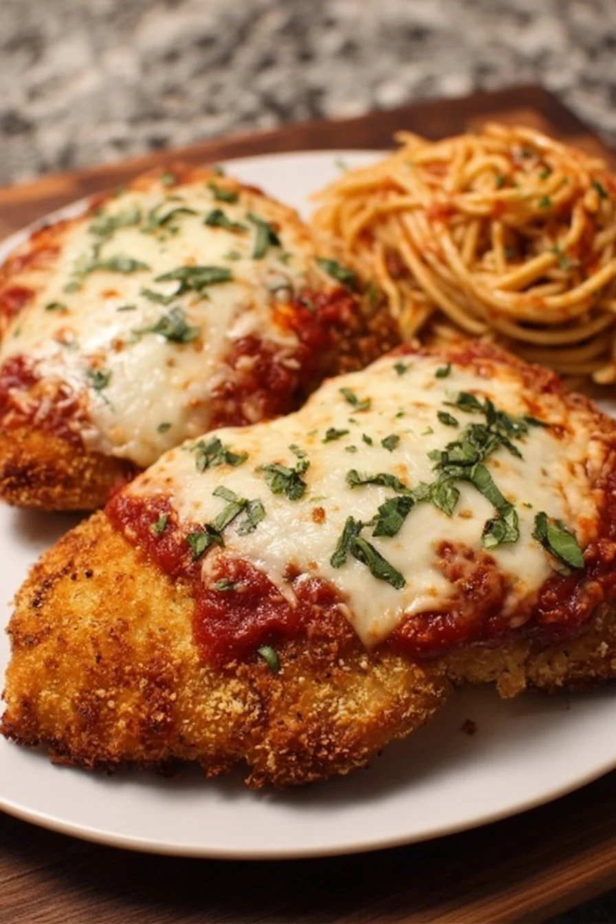 Crispy Parmesan Crusted Chicken served with marinara sauce and cheese