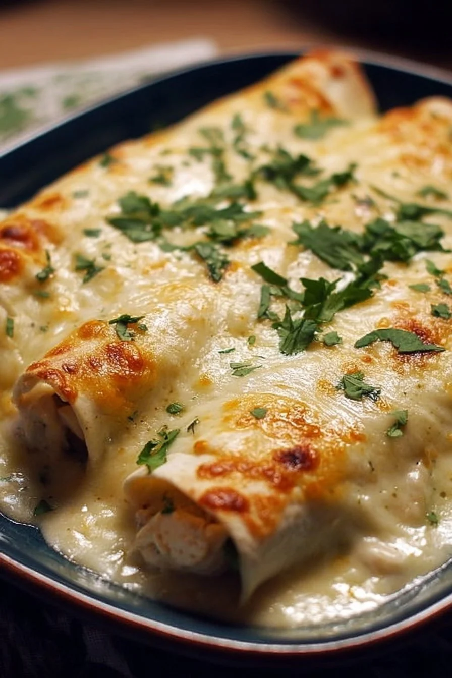 Creamy white chicken enchiladas topped with cheese and cilantro
